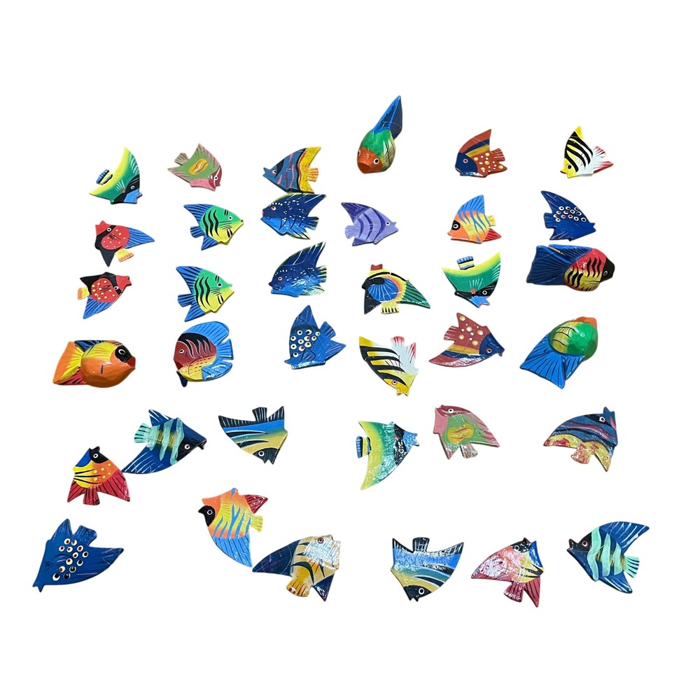36pc Hand Painted Wooden Tropical Fish Ornaments Colorful Coastal Folk Art Set